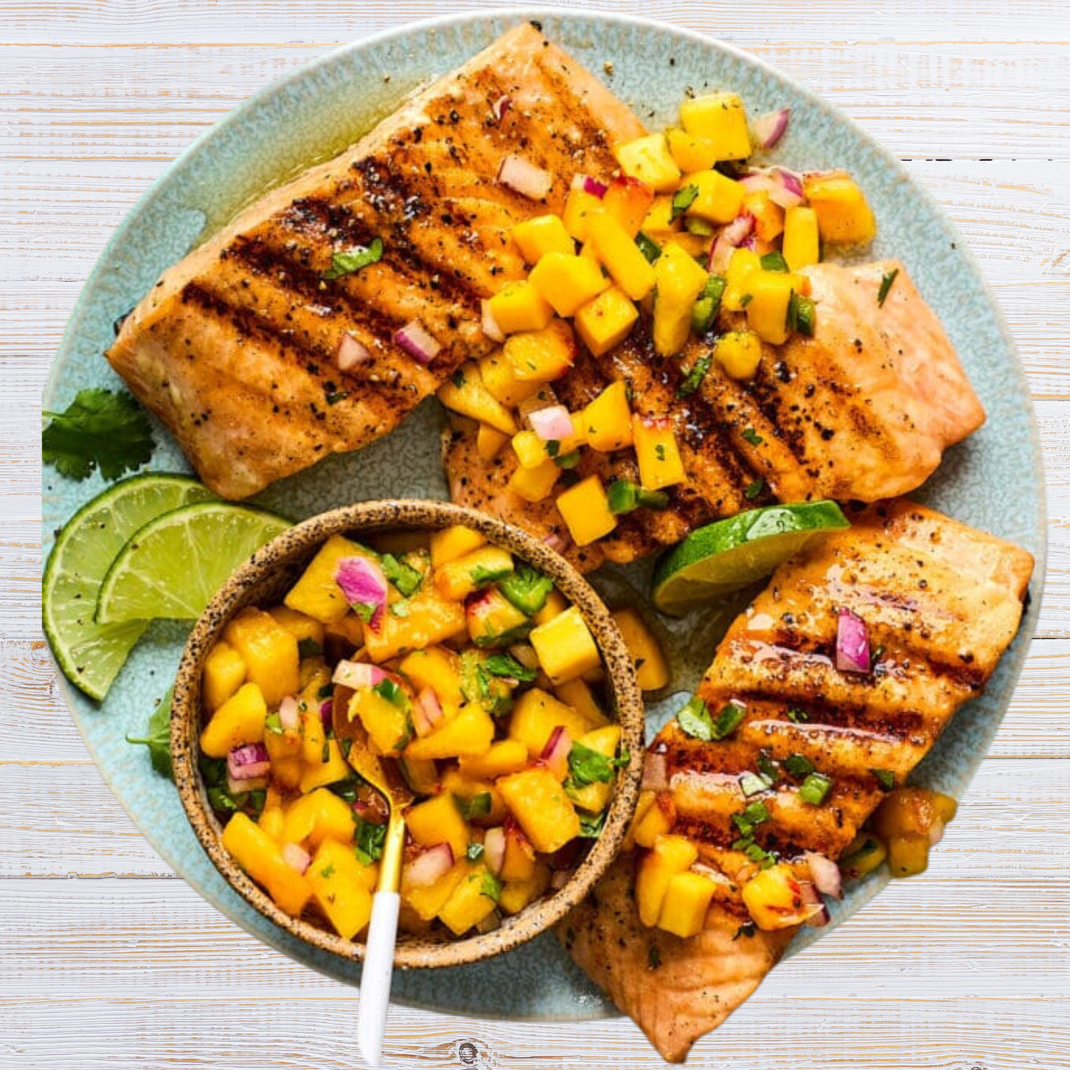 Grilled Cedar Plank Salmon with Mushed by YOU Peach Salsa